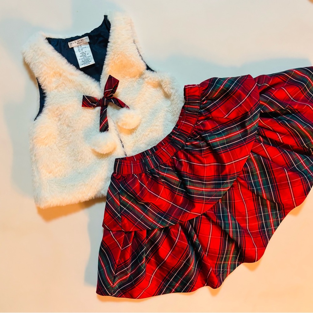 Classic designer tartan plaid skirt and vest set